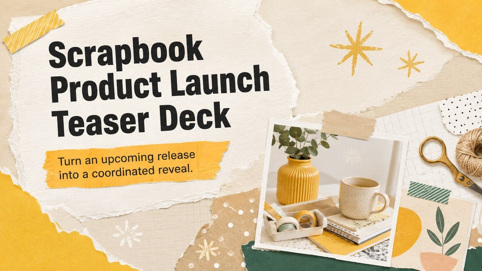 Cover of a scrapbook product launch teaser deck with yellow paper textures, colorful collage accents, and bold campaign typography.