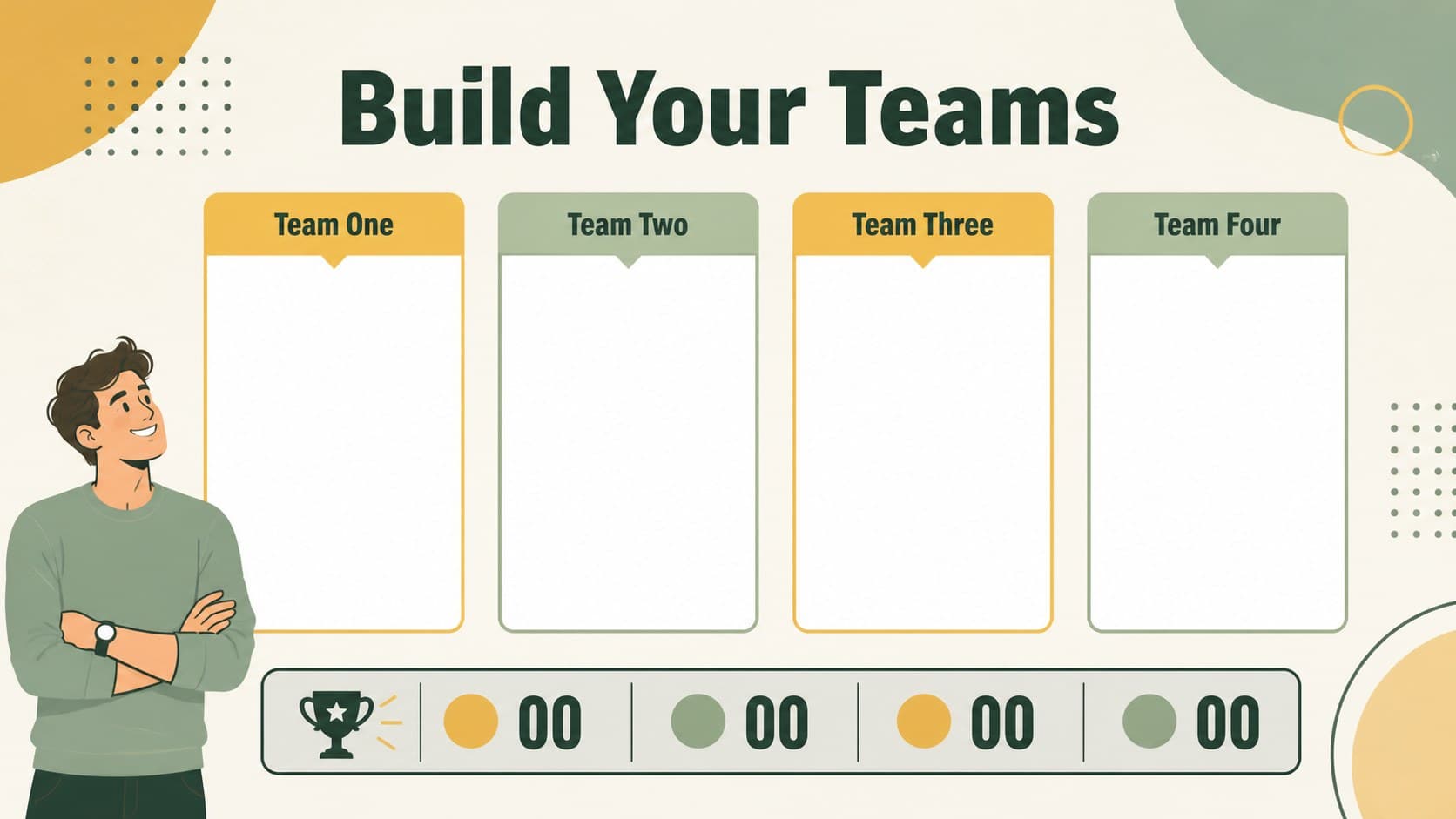 Team setup slide for an interactive scripture quiz with editable team name areas.