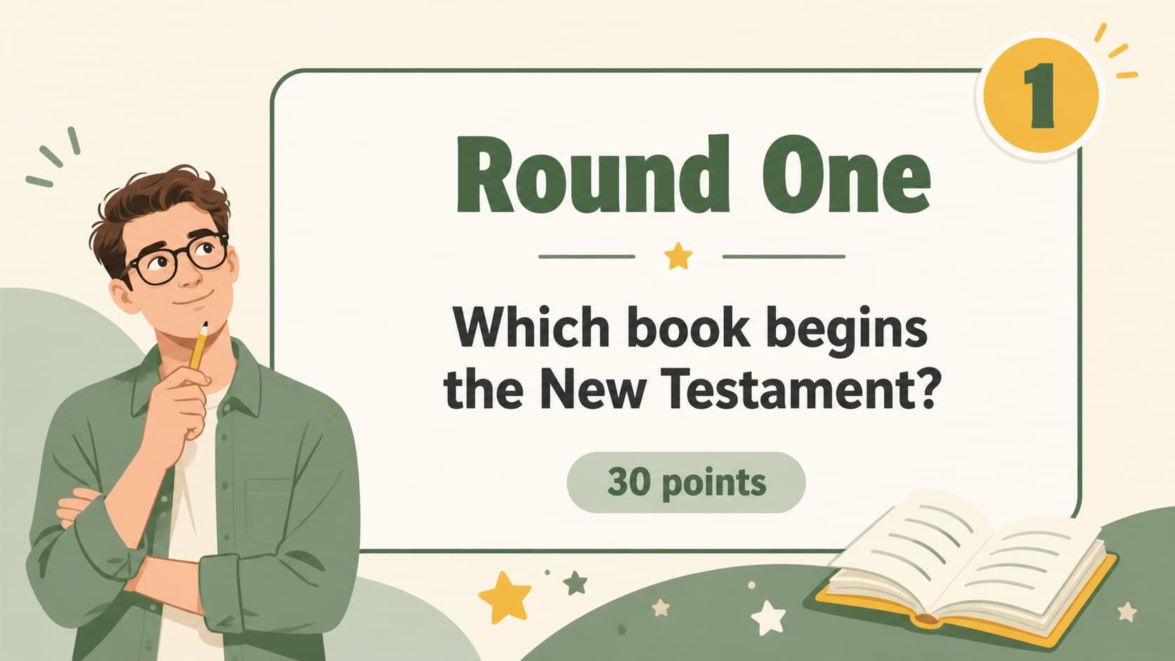 Bible trivia question slide with a large editable prompt area for church quiz rounds.
