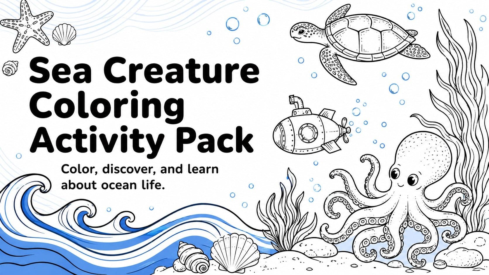 Cover of the Sea Creature Coloring Activity Pack with original ocean line art and blue wave accents.