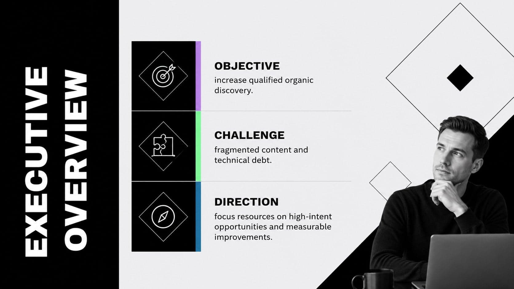 Executive overview for a search marketing roadmap showing objectives, challenges, and expected outcomes.