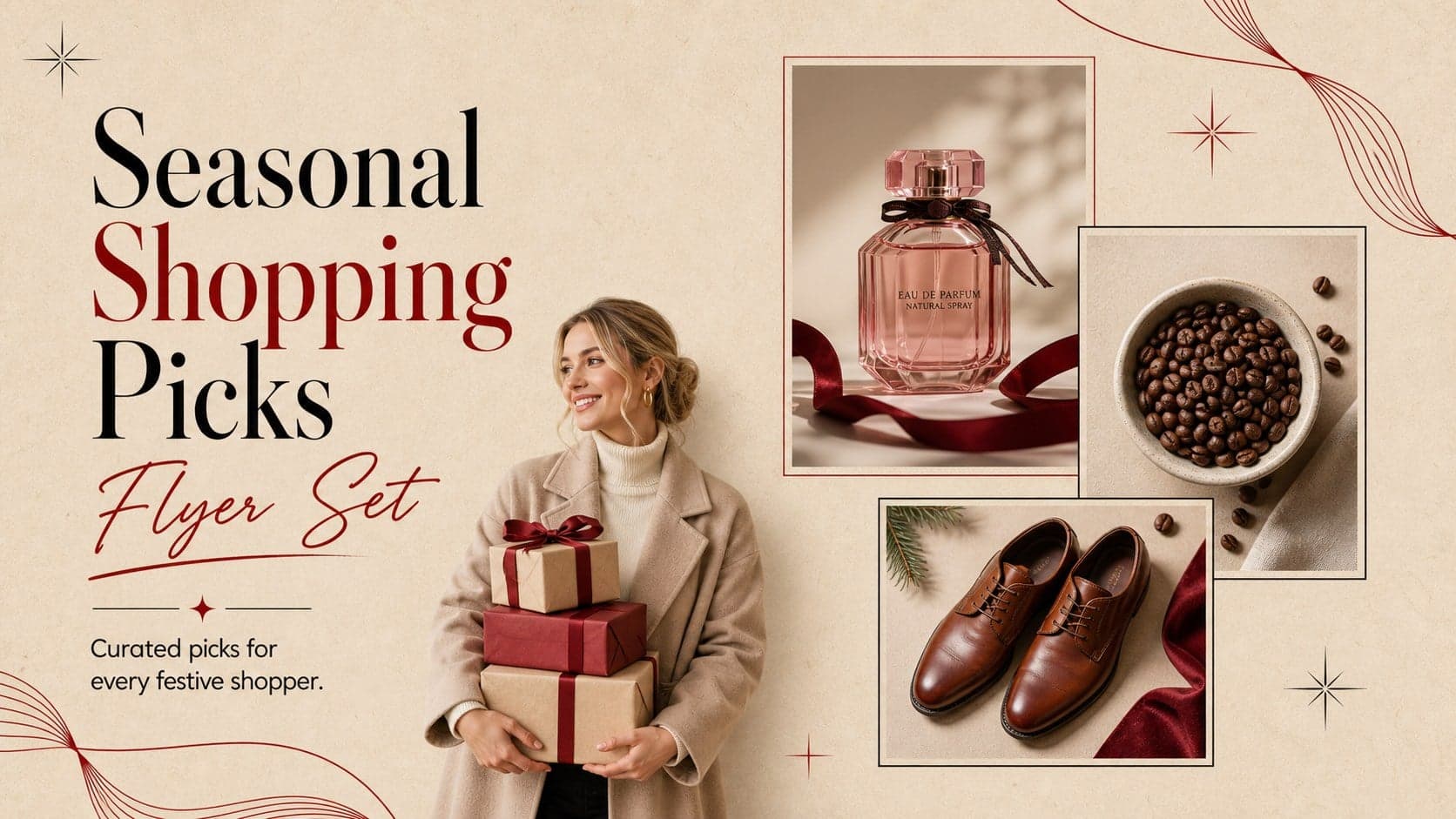 Cover for a seasonal shopping picks flyer featuring refined beige, black, and red retail styling.