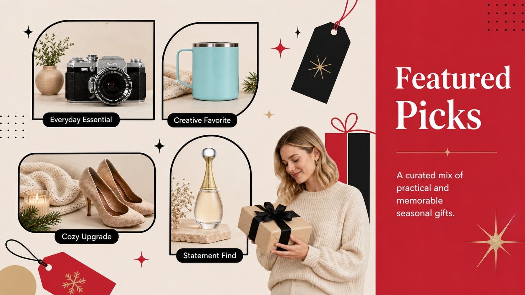 Festive product recommendation slide presenting featured gifts in a beige, black, and red grid.