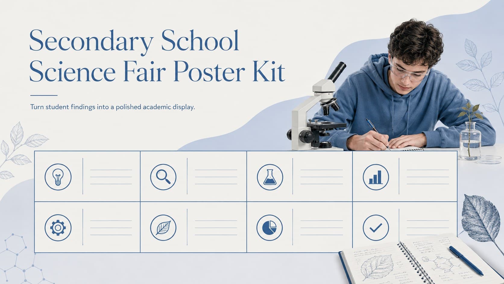 Blue and grey Secondary School Science Fair Poster Kit cover with a structured academic grid and original science illustrations.