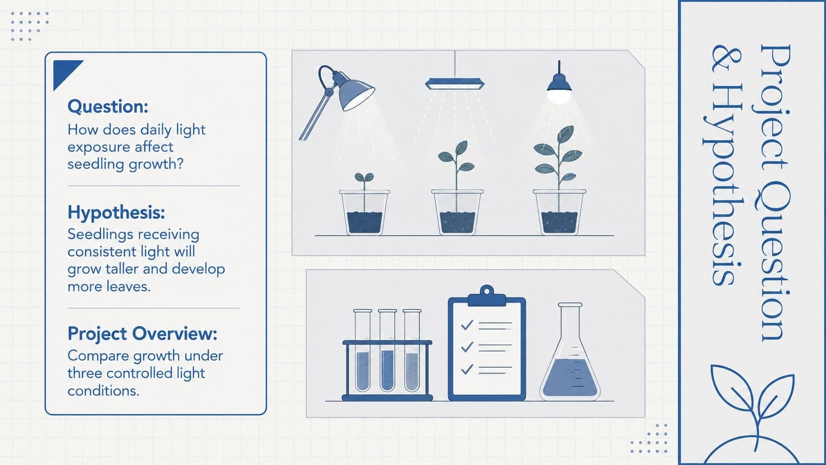 Editable science fair poster template showing a research question, hypothesis, project overview, and original laboratory graphics.