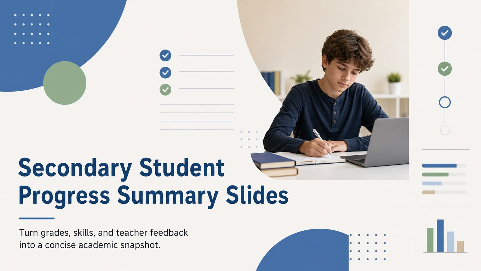 Cover for secondary student progress summary slides in a modern blue, green, beige, and black school design.