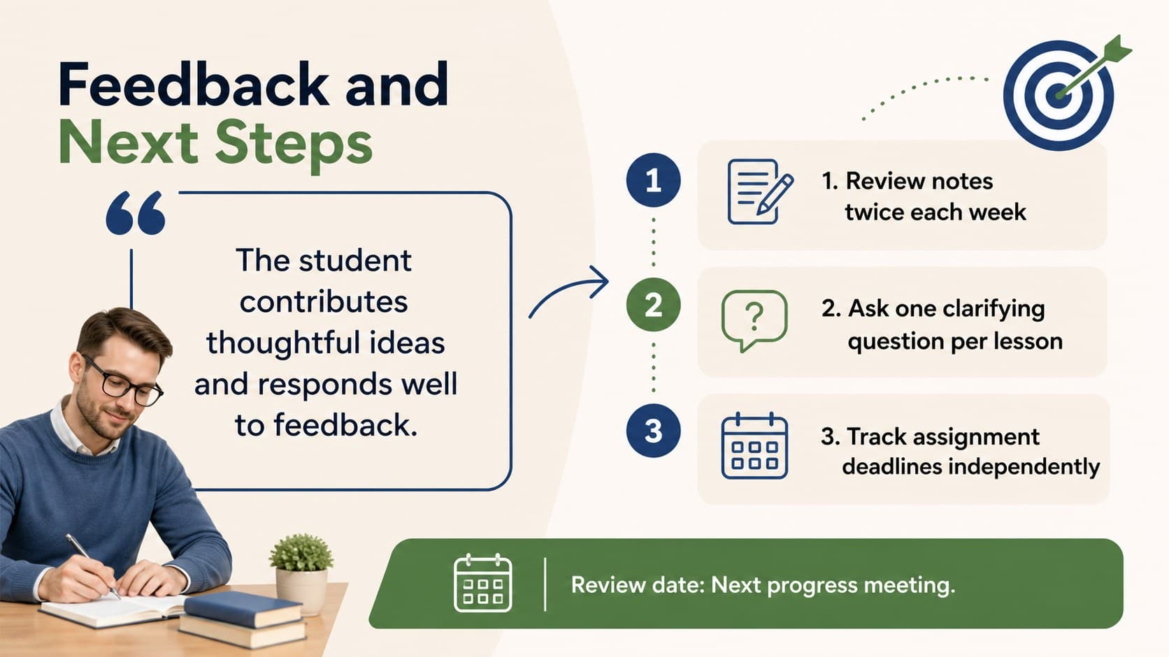 Teacher feedback and next steps layout for a parent-teacher conference report deck.