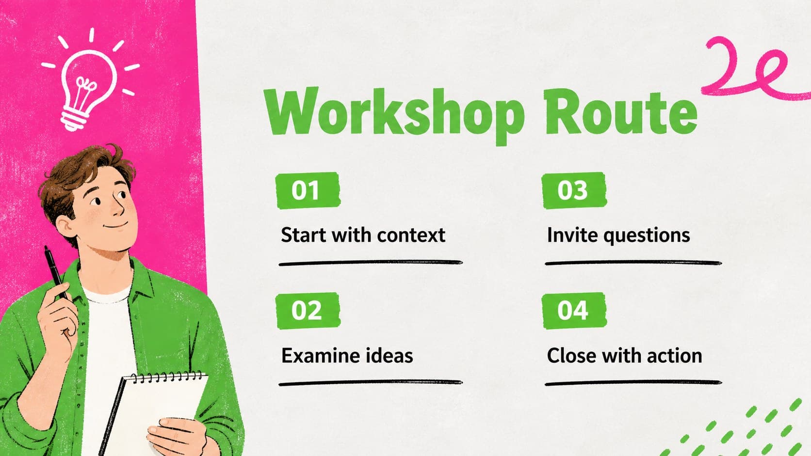 Agenda slide outlining an Atheism Day classroom presentation with clear workshop sections.