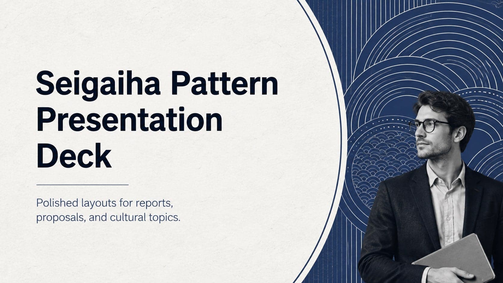 Cover of the Seigaiha Pattern Presentation Deck with blue wave geometry on a textured black-and-white background.