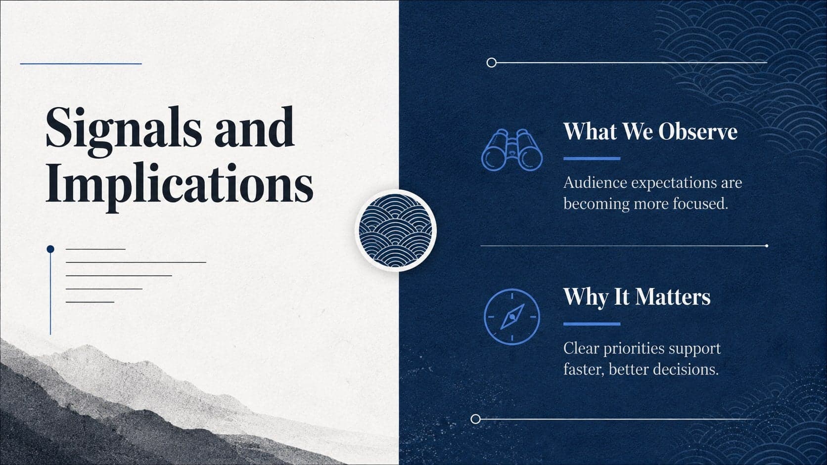 Two-column content slide using black-and-blue typography and an understated seigaiha wave background.
