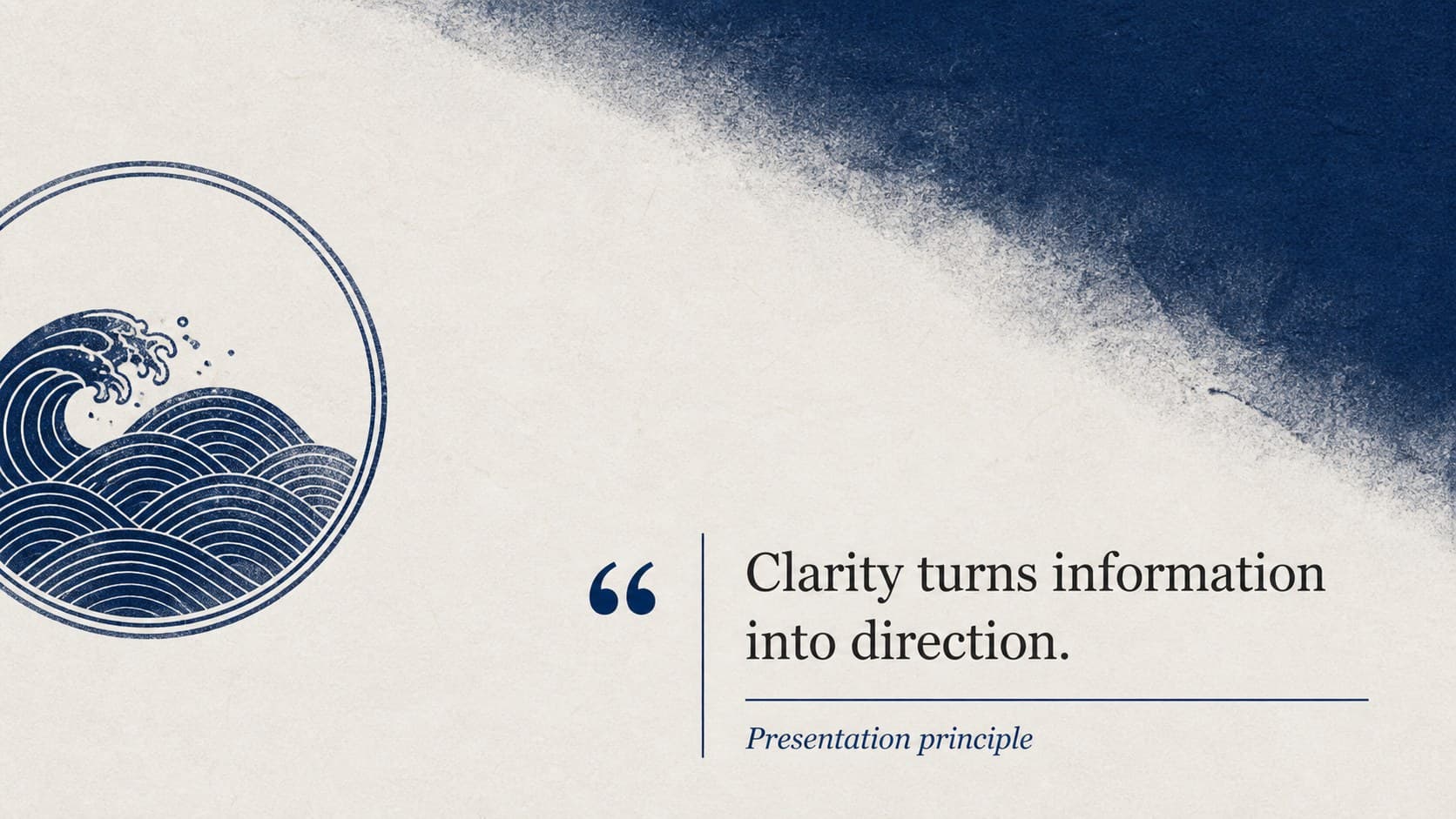 Seigaiha presentation quote slide with a large serif statement and restrained blue ornamentation.