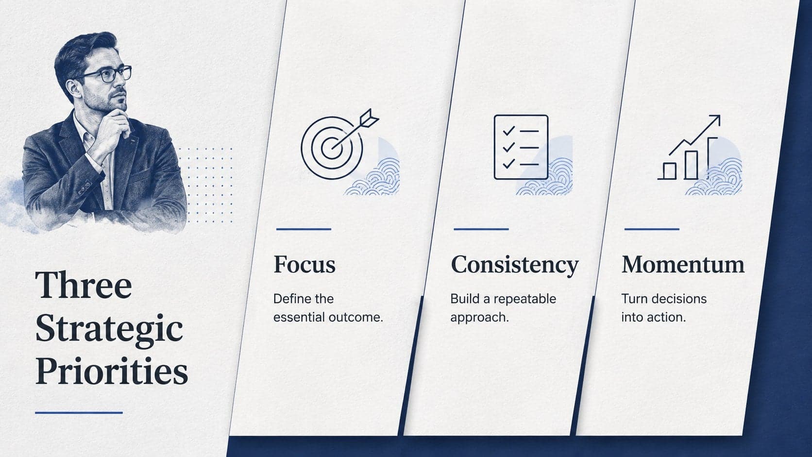 Three-pillar strategy slide with geometric icons and a subtle Japanese wave motif.