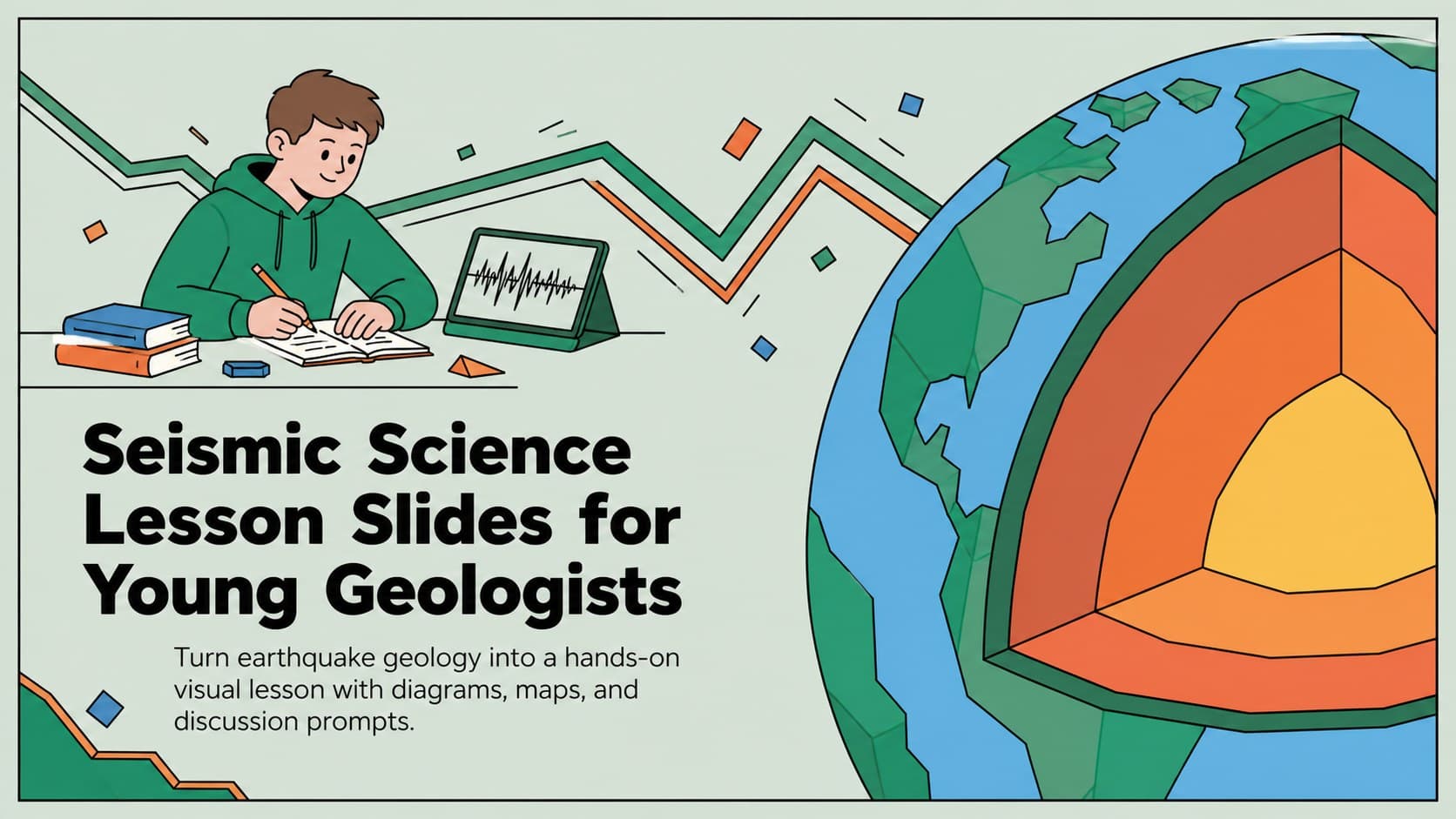 Cover slide for seismic science lesson slides featuring an illustrated green Earth and fault-line graphics.