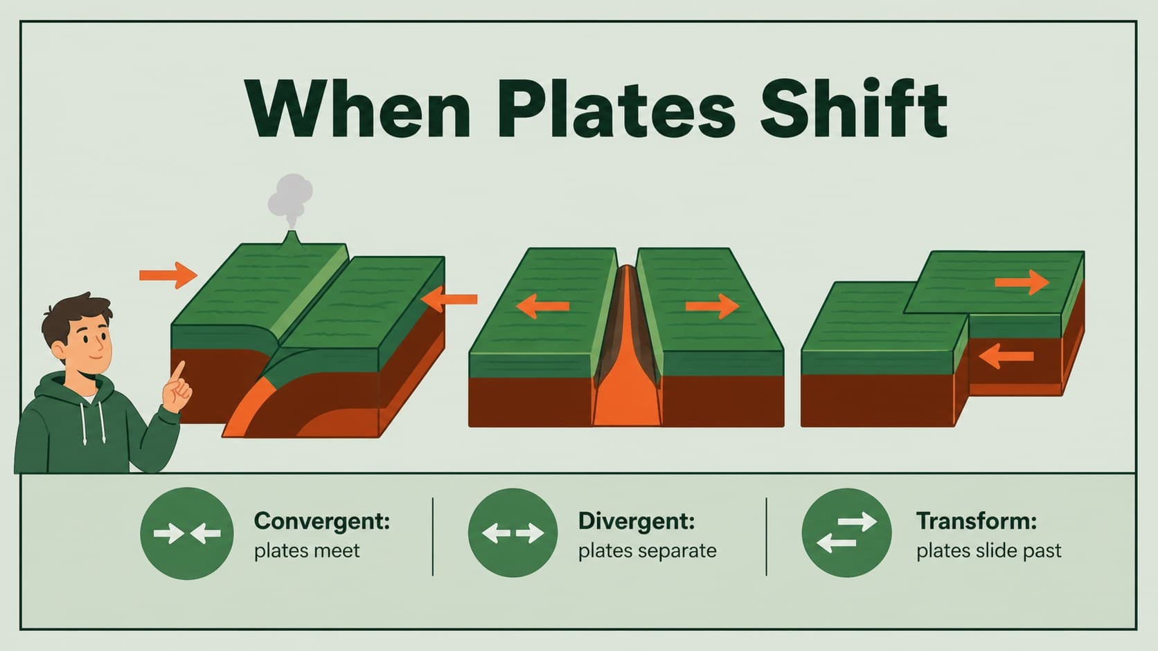 Plate tectonics diagram slide explaining how Earth's crustal plates move in different directions.