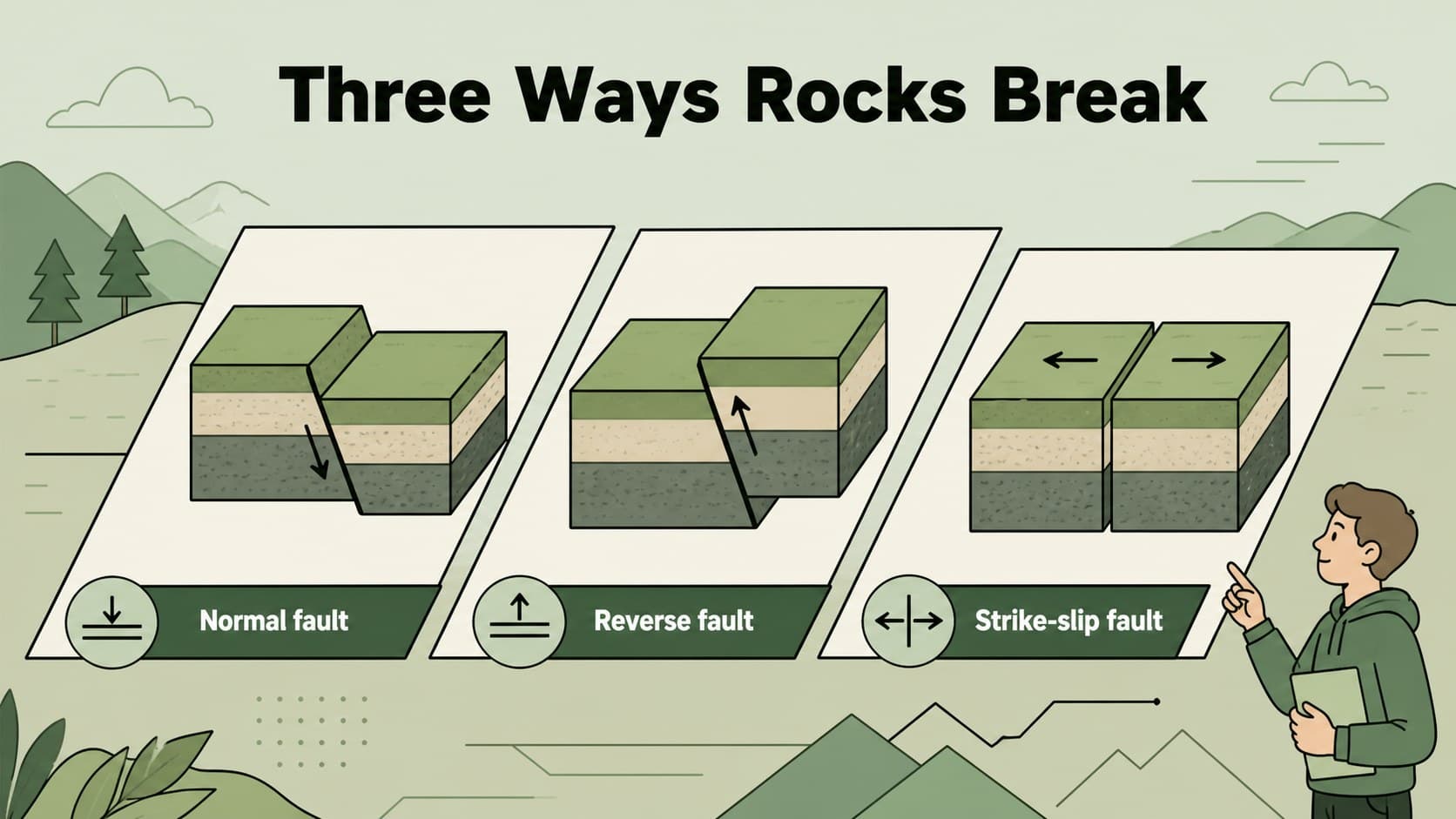 Fault line comparison slide showing normal, reverse, and strike-slip faults for students.