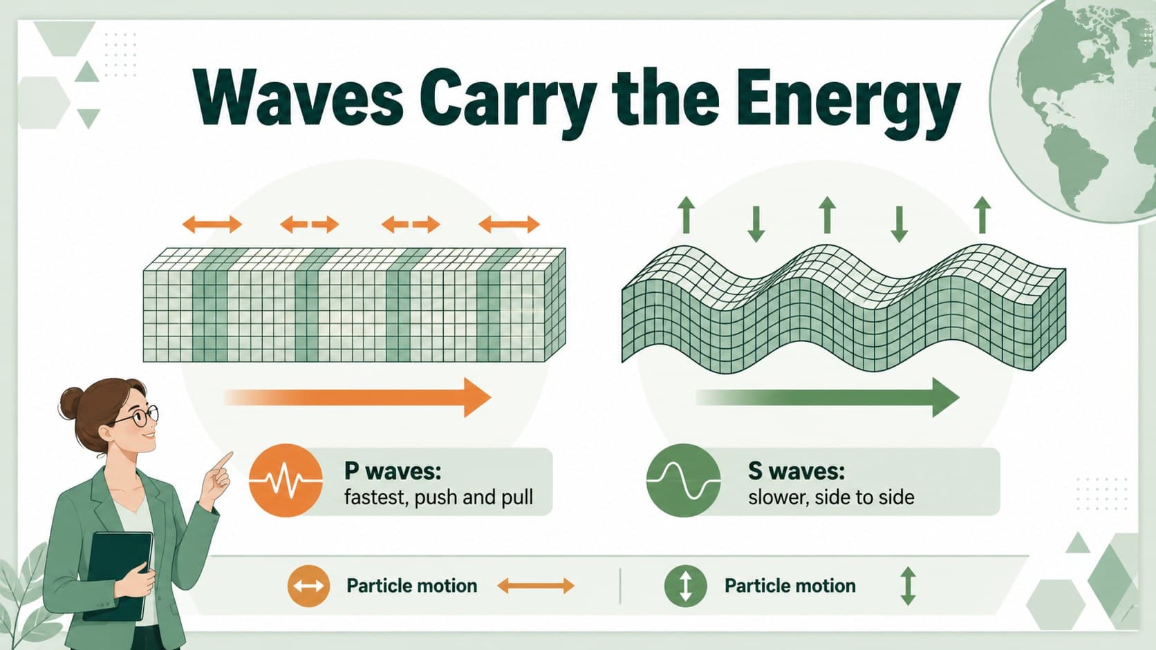 Seismic wave slide comparing P waves and S waves with directional classroom diagrams.