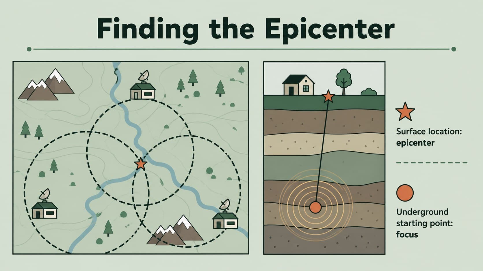 Earthquake focus and epicenter diagram slide for a middle school seismic waves presentation.