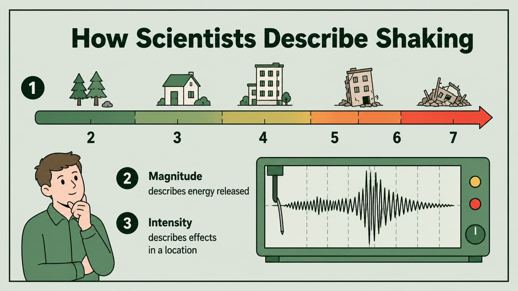 Earthquake measurement slide featuring a simplified magnitude scale and seismic recording graphic.