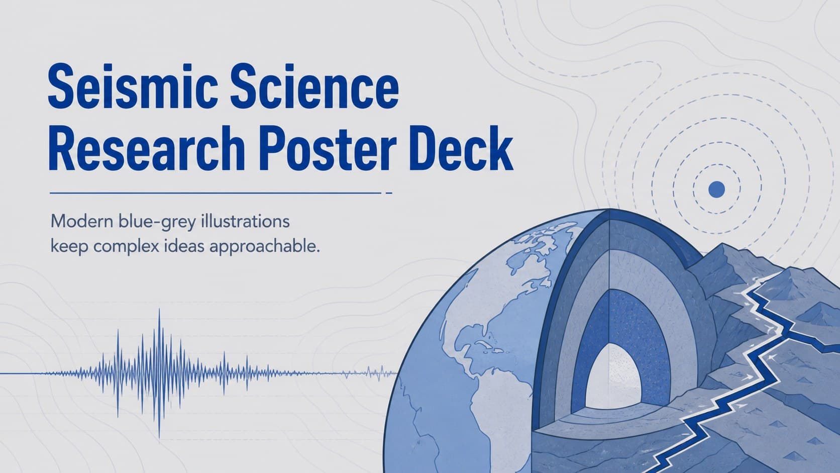 Cover of the Seismic Science Research Poster Deck with blue-grey geology illustrations and a modern scientific title layout.