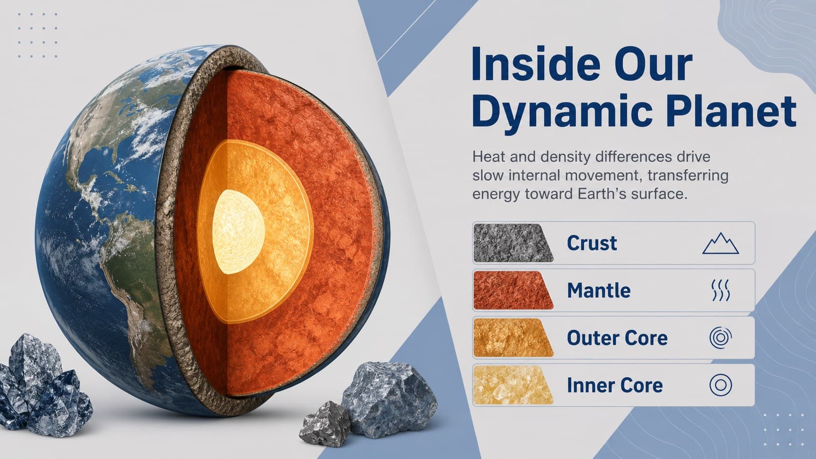 Earth interior research poster slide with a labeled diagram of the crust, mantle, outer core, and inner core.
