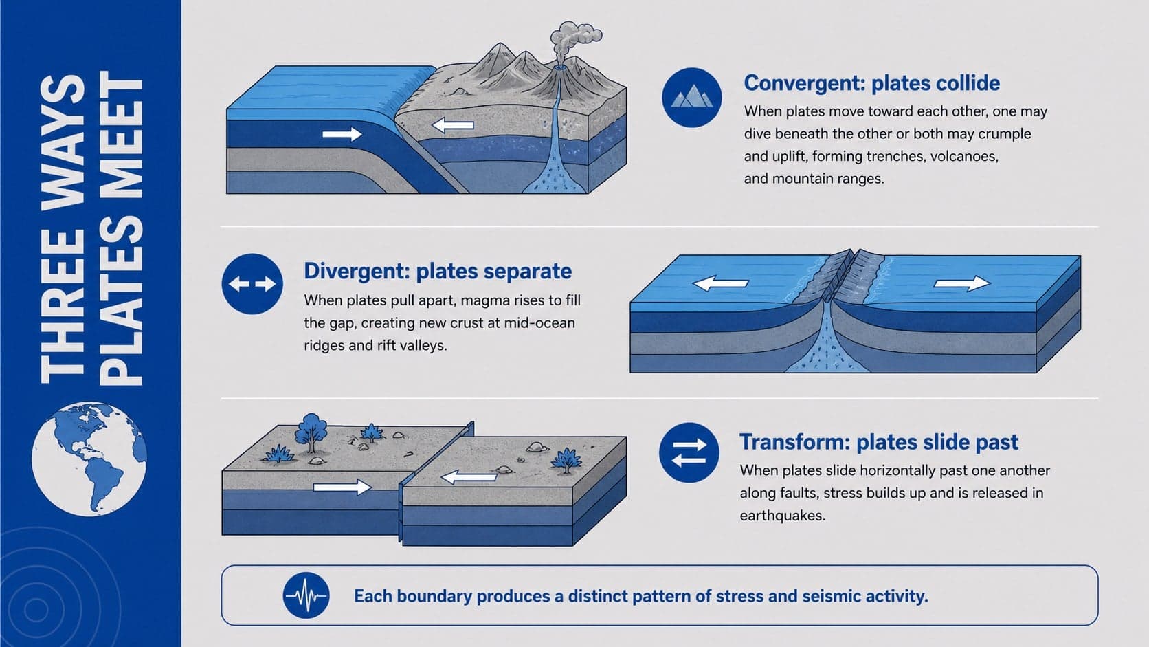 Plate tectonics lesson slide comparing convergent, divergent, and transform boundary movements.