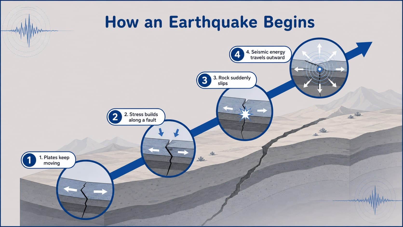 Illustrated earthquake process slide explaining stress buildup, fault rupture, and seismic energy release.
