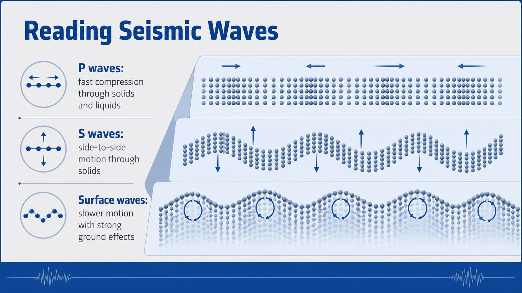 Seismic waves classroom presentation slide comparing P waves, S waves, and surface waves.