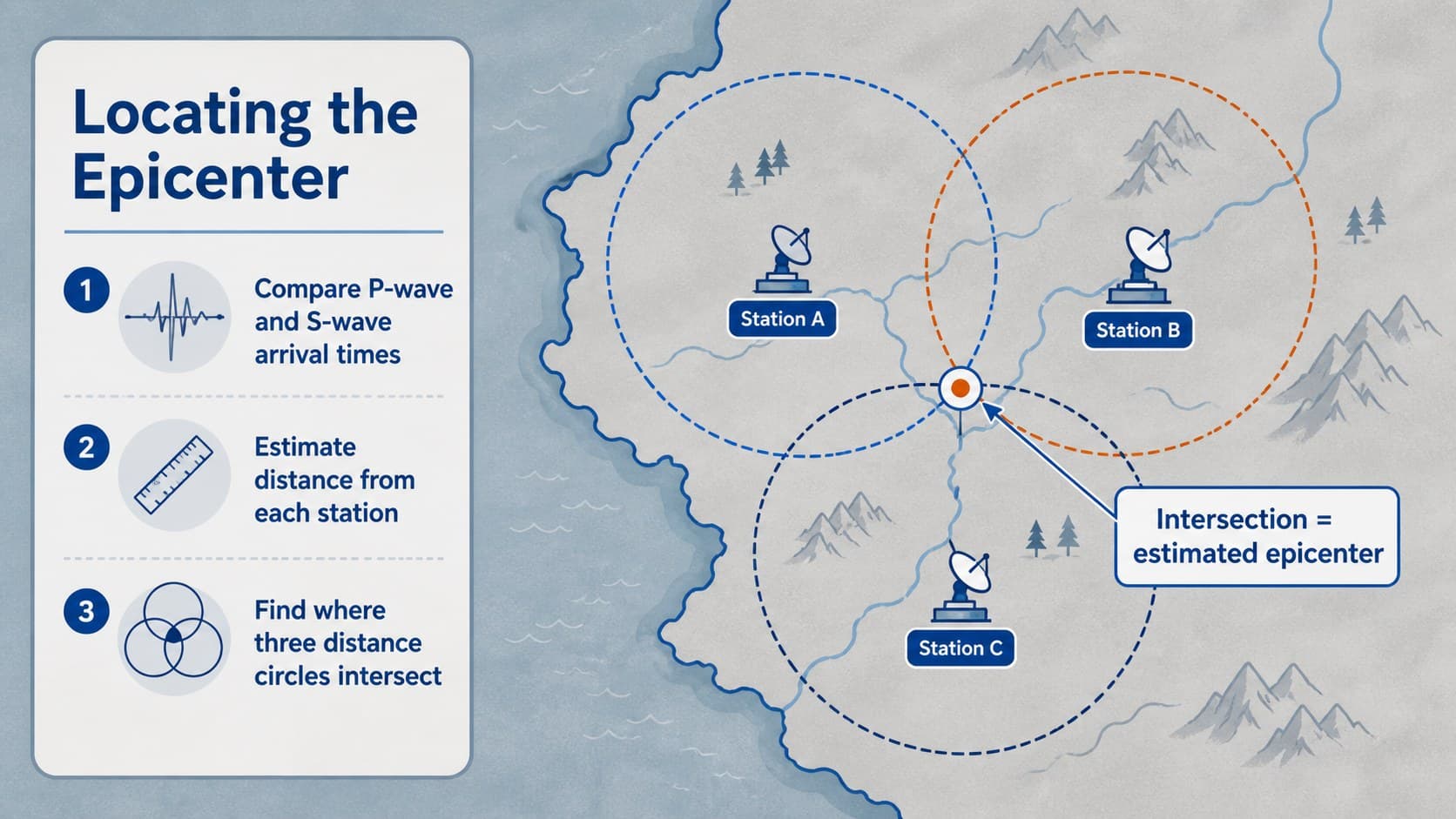 Epicenter location diagram showing how three seismic stations triangulate an earthquake source.