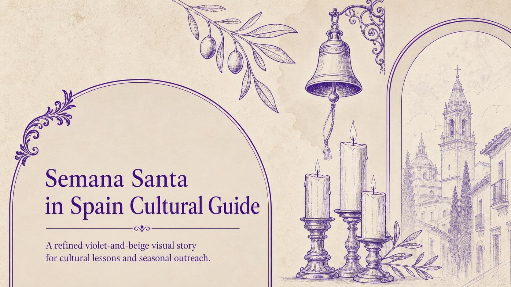 Cover for the Semana Santa in Spain Cultural Guide with violet-and-beige cultural illustrations.