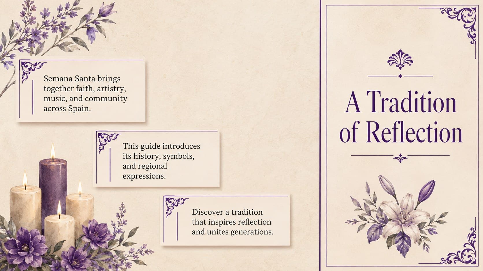 Introductory Semana Santa traditions slide outlining culture, reflection, and community.