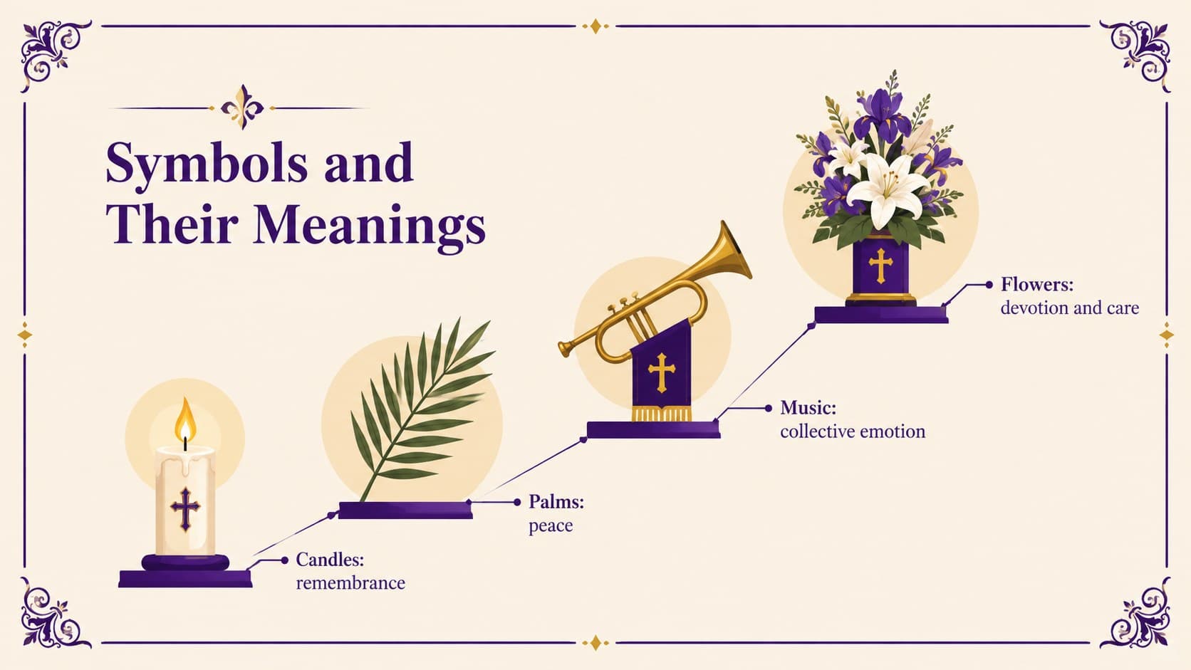 Holy Week education slide presenting candles, palms, music, and floral symbols.