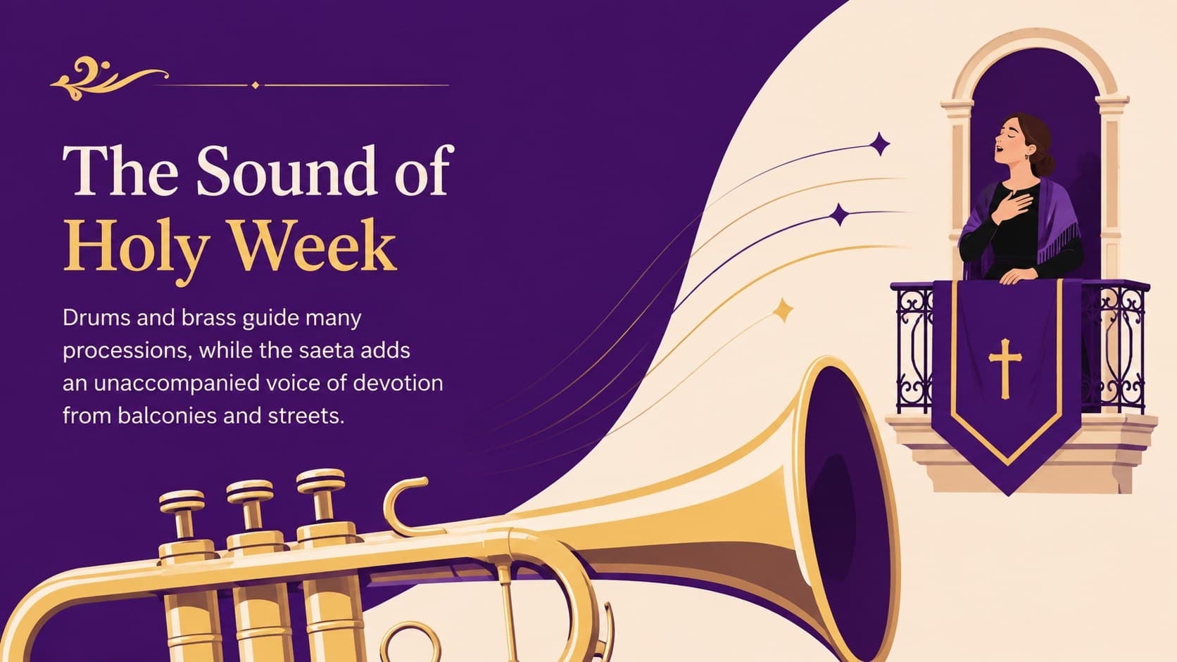 Spanish Holy Week music slide featuring drums, brass instruments, and a saeta vocal tradition.