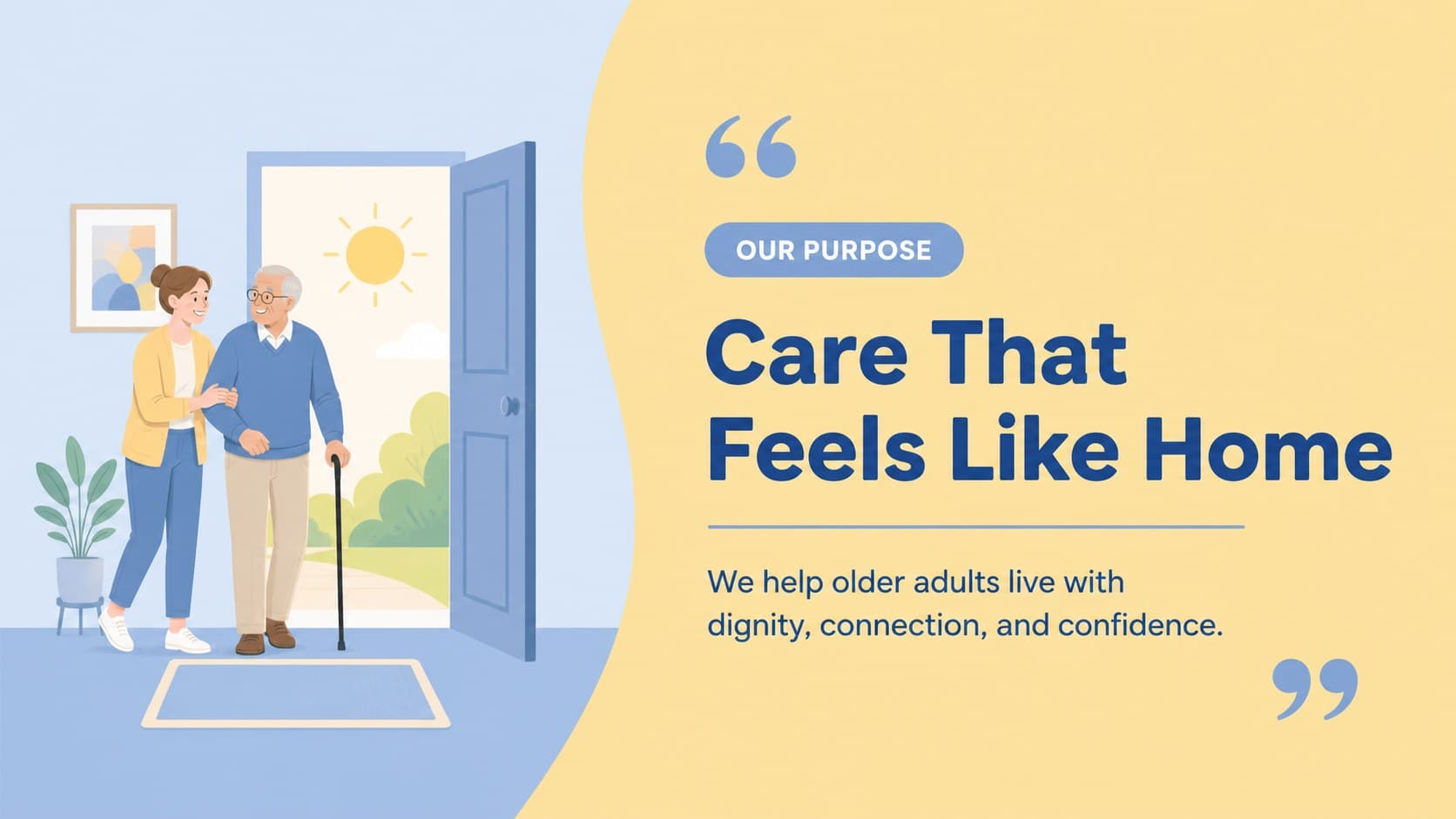 Mission and vision slide explaining a care organization’s purpose with a friendly blue-and-yellow layout.