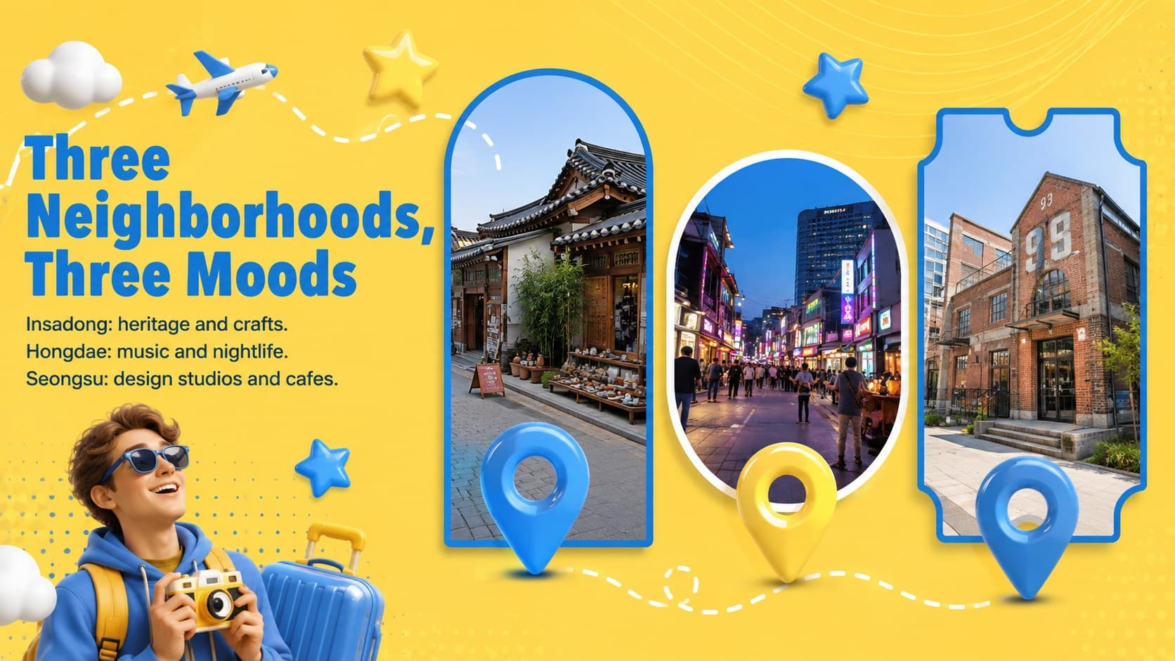 Seoul neighborhood guide presentation comparing Insadong, Hongdae, and Seongsu.