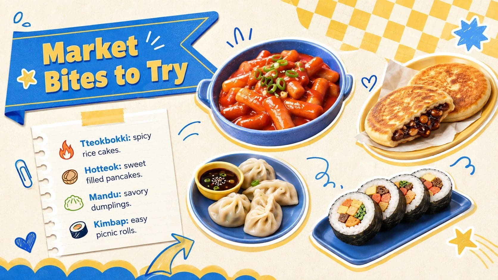 Cute Seoul tourism presentation slide showcasing street food favorites at local markets.