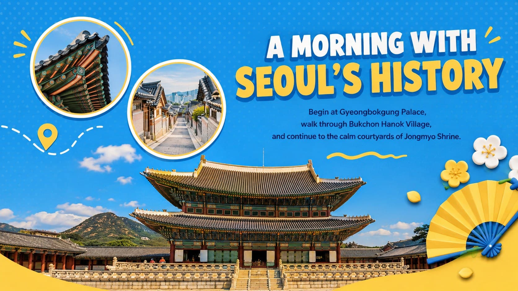 Seoul sightseeing slide presenting Gyeongbokgung Palace, Bukchon, and Jongmyo Shrine.