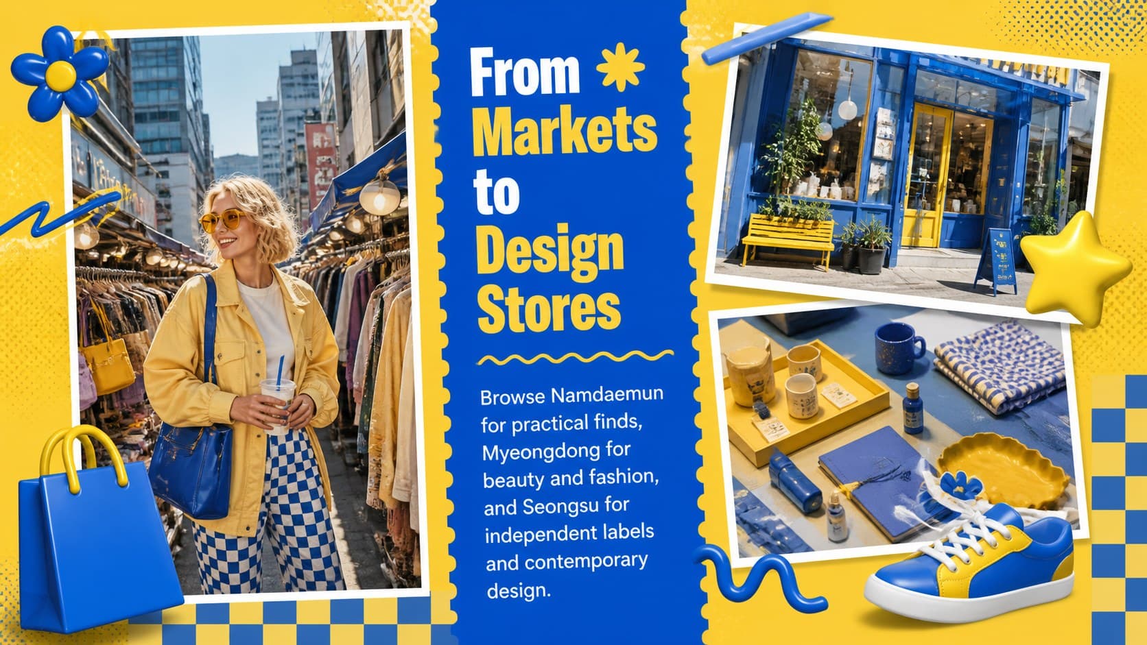Seoul shopping itinerary slide covering traditional markets, fashion, and design districts.