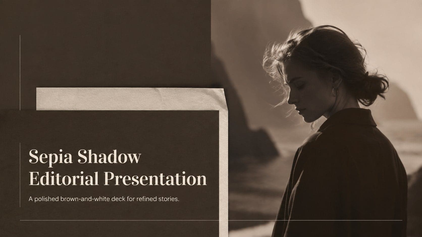 Cover of the Sepia Shadow Editorial Presentation with layered brown photography and refined white typography.