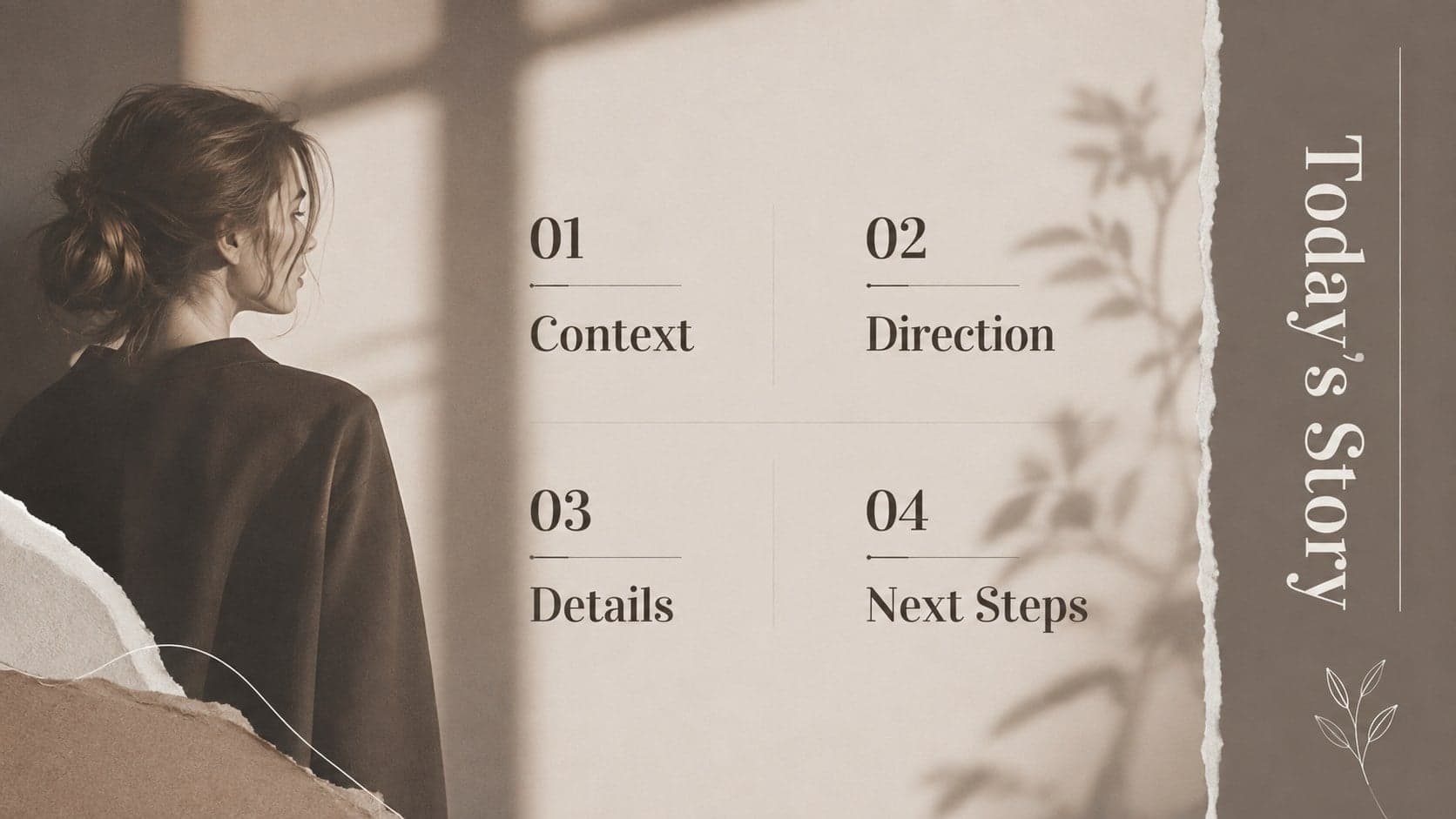 Editorial agenda slide presenting four sections in a warm brown and white layout.
