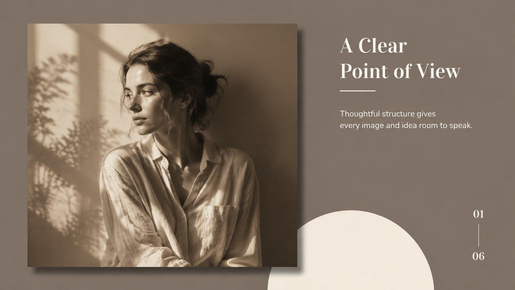 Brown editorial introduction slide featuring a framed photograph and concise project overview.
