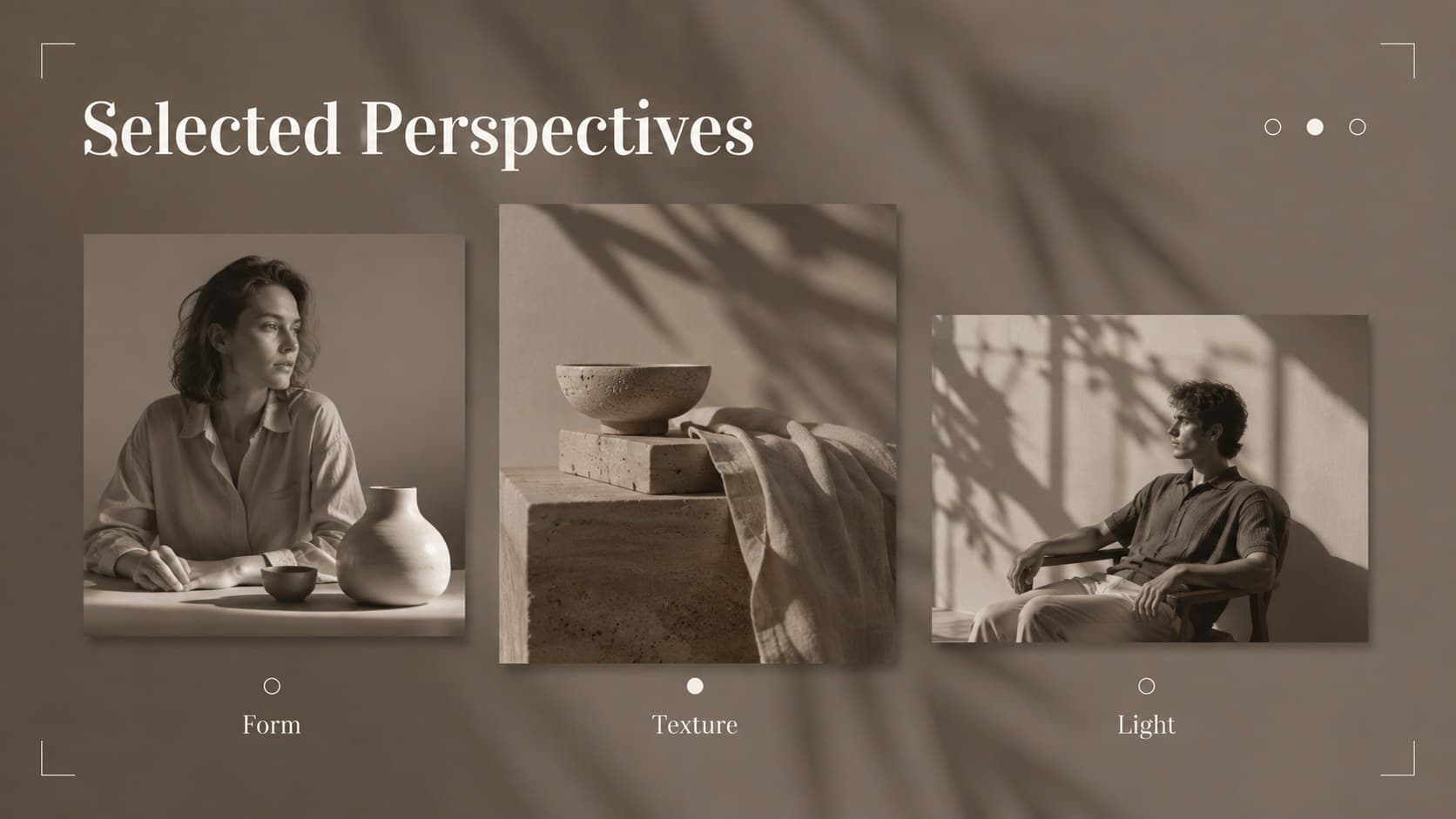 Minimal shadow portfolio slide showing three editorial photographs with short captions.