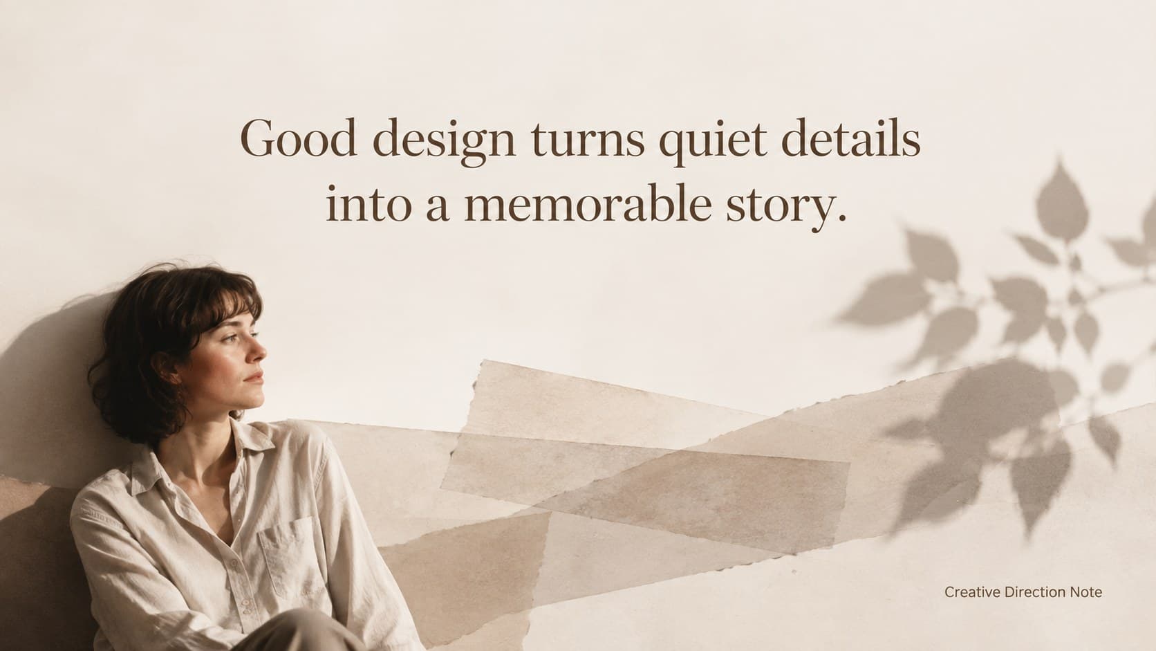 Sepia editorial statement slide with a large quote and subtle paper-shadow accents.