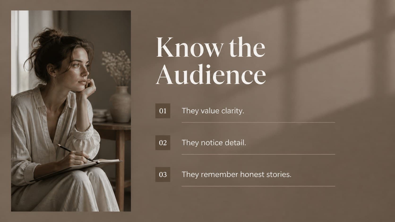 Brown and white editorial slide theme displaying audience insights in a structured layout.