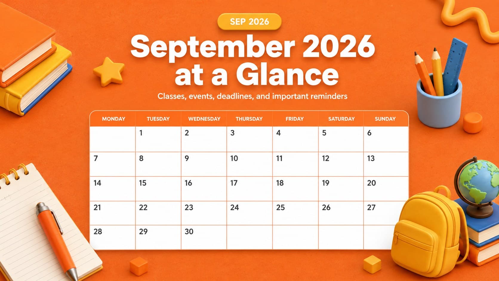 September 2026 classroom calendar displaying school dates in a modern orange 3D layout.