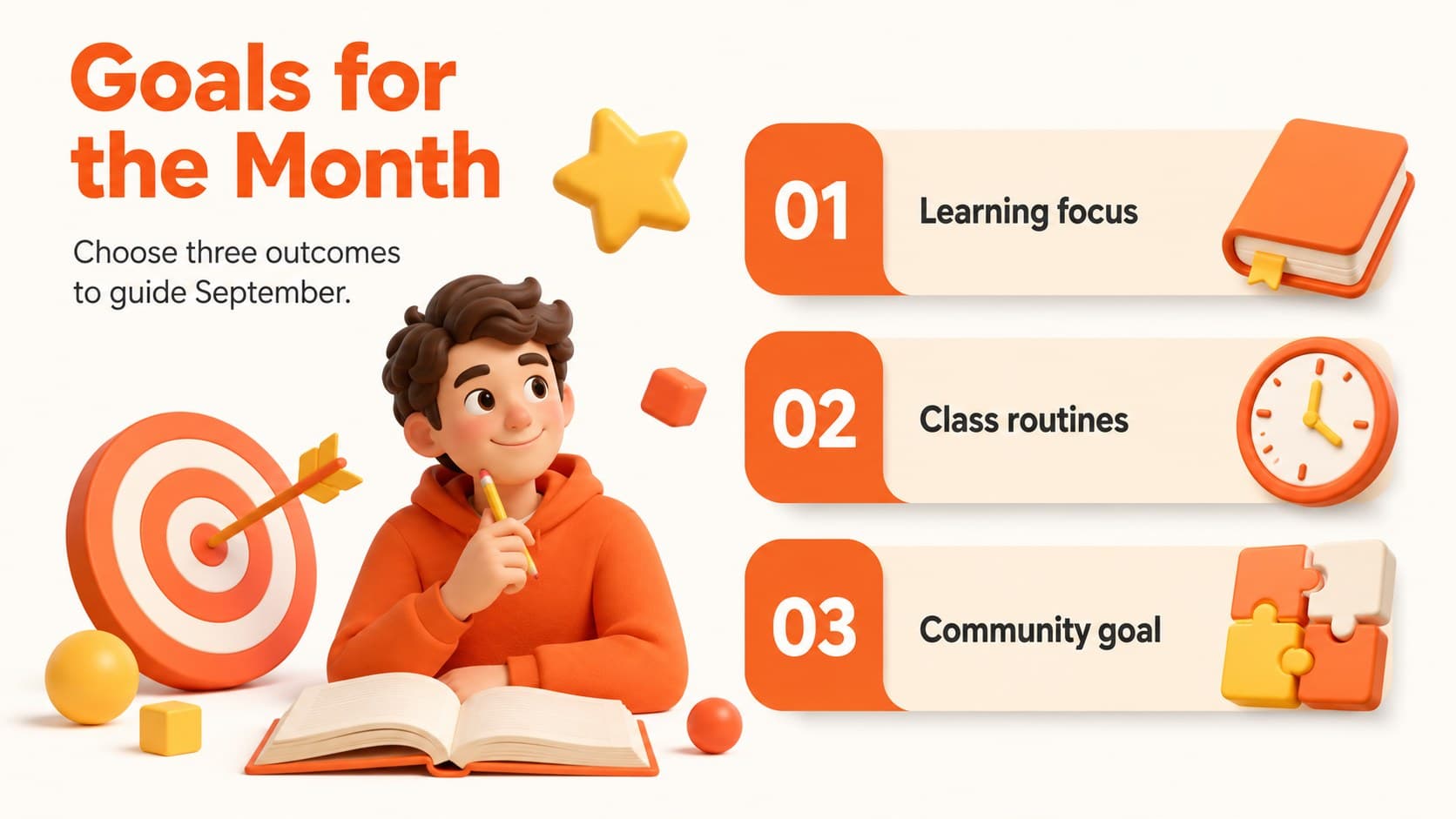 Orange 3D teacher planner slide listing September classroom priorities and monthly goals.