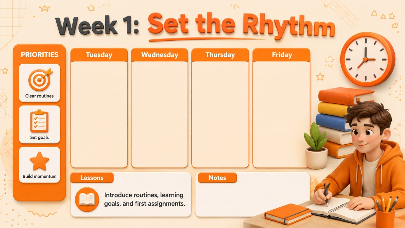 First-week September lesson planner with subject blocks and orange 3D school graphics.