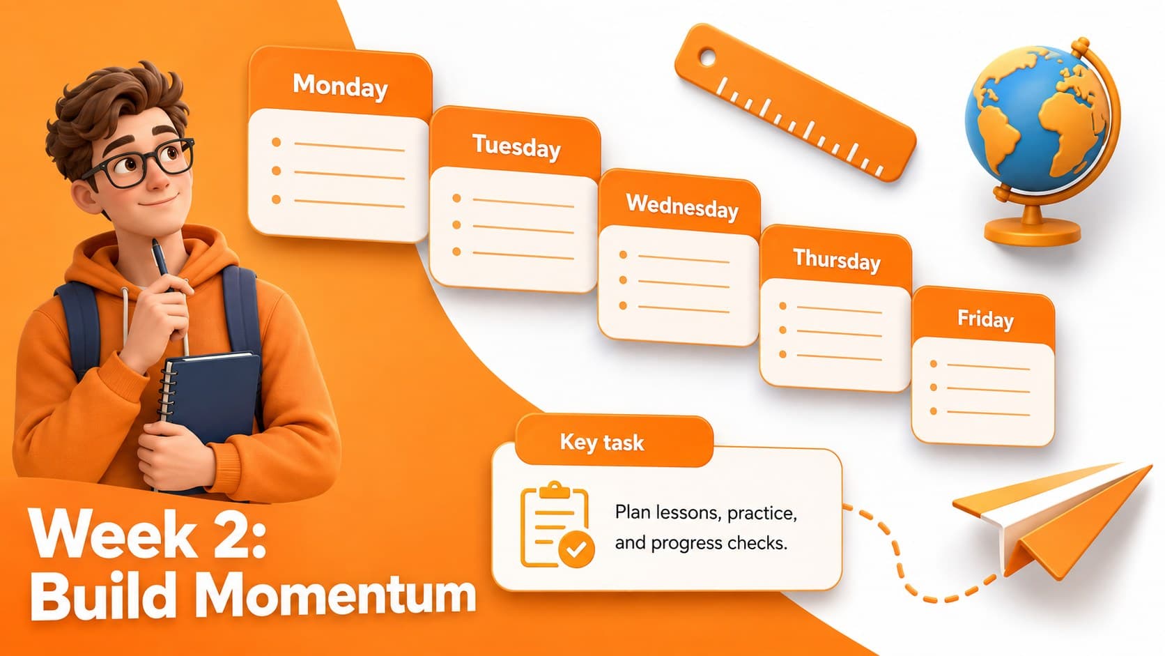 Second-week classroom schedule featuring daily lesson columns in an orange 3D planner style.