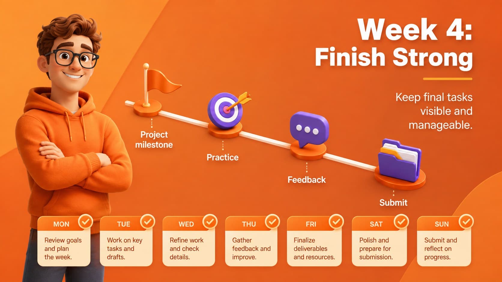 Fourth-week classroom planner showing project milestones and daily tasks in warm orange.