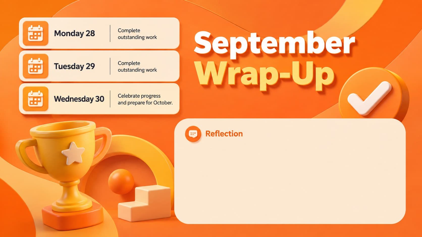 End-of-month September planning slide with review tasks and orange 3D classroom accents.