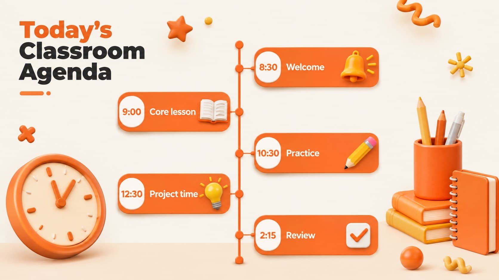 Daily classroom agenda slide with timed activities in a modern orange 3D design.